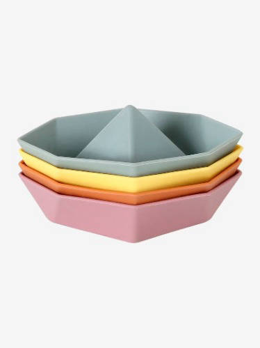 Set of 4 multicoloures baby bath boats in red yellow purple blue stacked