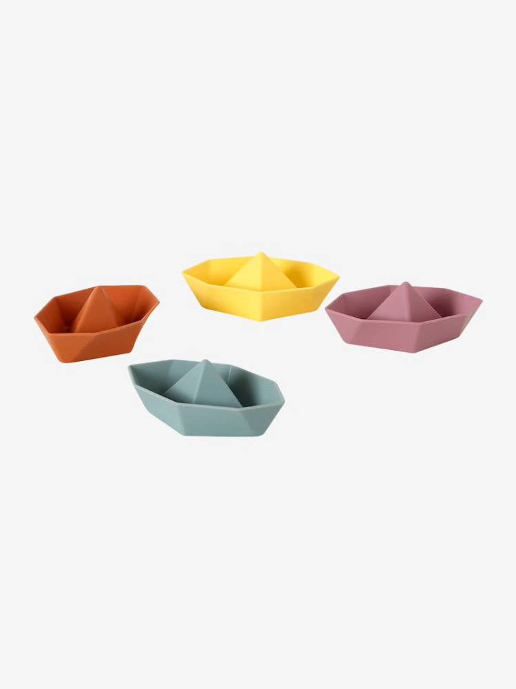 Set of 4 multicoloures baby bath boats in red yellow purple blue