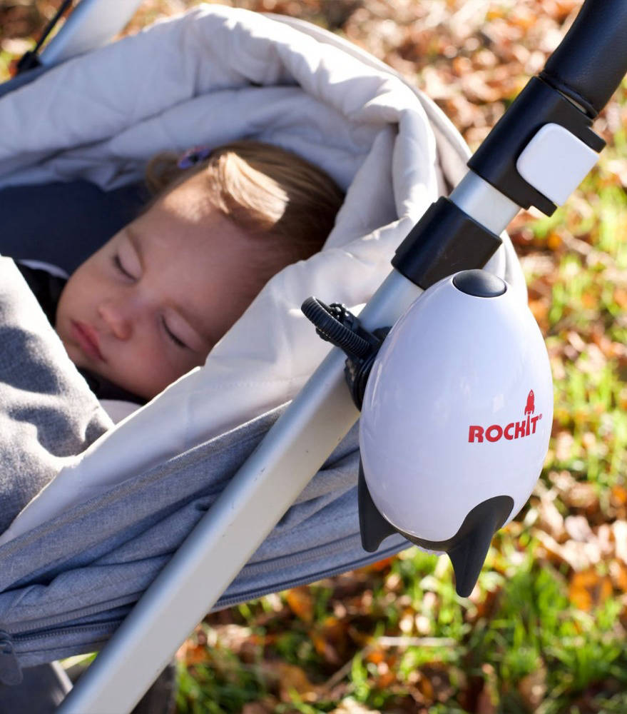 Rockit Rocker (Rechargeable Version) on pram while baby sleeps